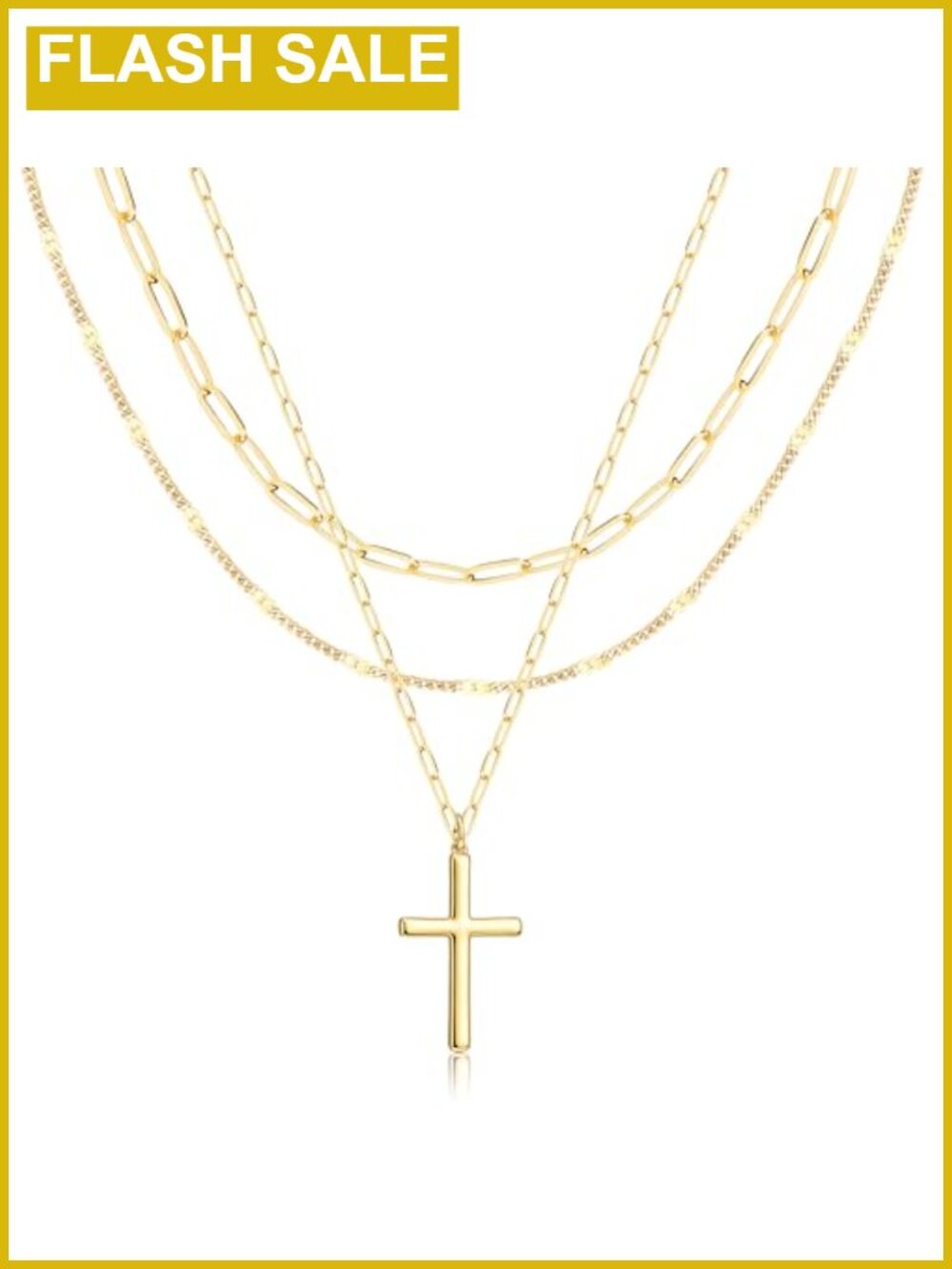 3Pc Layered 14K Gold Plated Necklace Set Paperclip Cross Pendant